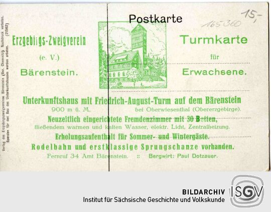 Postkarte mit der Ansicht des Bärensteins im Erzgebirge mit dem projektierten Unterkunftshaus.