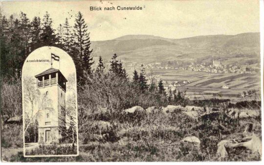 Mehrbild-Postkarte mit der Ansicht des Aussichtsturms auf dem Bieleboh und dem Ausblick nach Cunewalde.