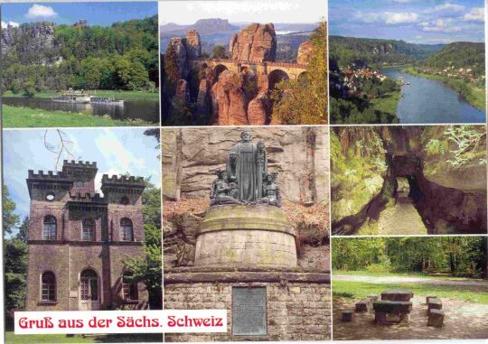 Die Mehrbild-Postkarte Gruß aus der Sächsischen Schweiz zeigt auf sechs Ansichten touristische Sehenswürdigkeiten der Region.