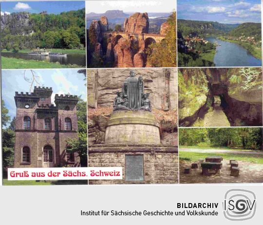 Die Mehrbild-Postkarte Gruß aus der Sächsischen Schweiz zeigt auf sechs Ansichten touristische Sehenswürdigkeiten der Region.