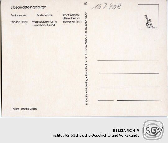 Die Mehrbild-Postkarte Gruß aus der Sächsischen Schweiz zeigt auf sechs Ansichten touristische Sehenswürdigkeiten der Region.