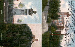 Mehrbild-Postkarte Gruss vom Osterberg - Cossebaude zeigt drei kolorierte Fotografien mit Ansichten der Gaststätte bei Cossebaude und einem Denkmal mit der Büste von König Albert von Sachsen.