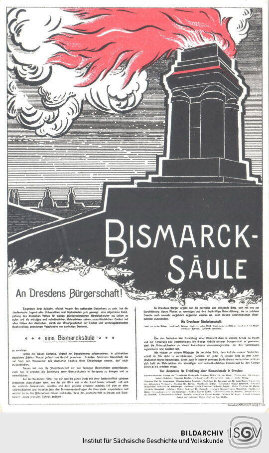 Die Postkarte zeigt auf einer Grafik den geplanten Bismarckturm in Dresden-Räcknitz. Auf der Karte ist der Sammelaufruf des Ausschuss´ für die Errichtung einer Bismarcksäule abgedruckt.