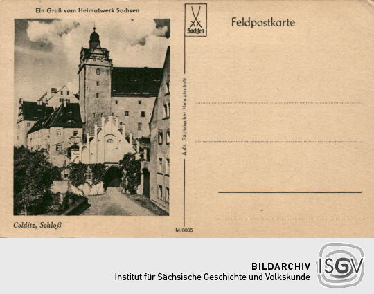 Feldpostkarte "Ein Gruß vom Heimatwerk Sachsen" mit Stadtansicht von Colditz