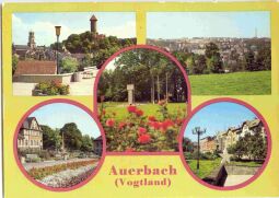 Postkarte mit fünf Ansichten der Stadt Auerbach im Vogtland.