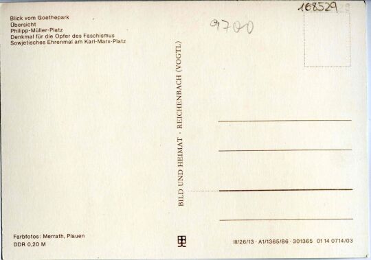 Postkarte mit fünf Ansichten der Stadt Auerbach im Vogtland.