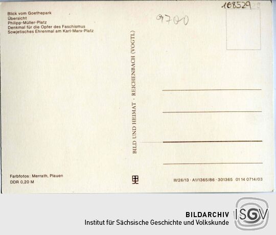 Postkarte mit fünf Ansichten der Stadt Auerbach im Vogtland.