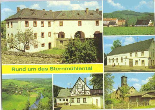 Mehrbildpostkarte mit sechs Fotografien aus der Landschaft am Sternmühlental bei Chemnitz.