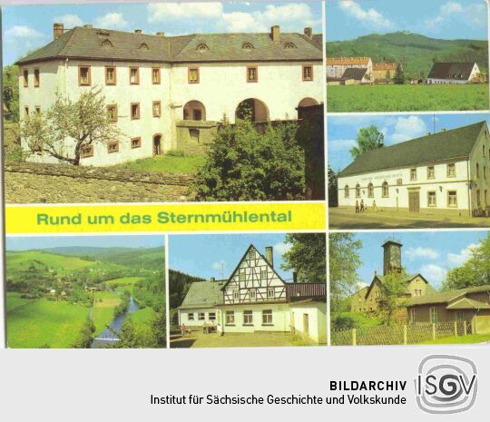 Mehrbildpostkarte mit sechs Fotografien aus der Landschaft am Sternmühlental bei Chemnitz.