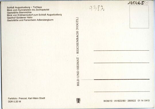 Mehrbildpostkarte mit sechs Fotografien aus der Landschaft am Sternmühlental bei Chemnitz.