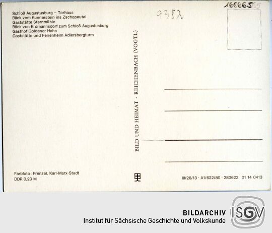 Mehrbildpostkarte mit sechs Fotografien aus der Landschaft am Sternmühlental bei Chemnitz.