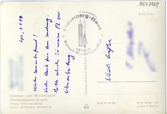 Postkarte Sommer- und Winterkurort Oberwiesenthal/Erzgebirge, Neues Fichtelberghaus.