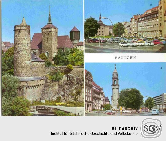 Mehrbild-Postkarte mit drei Ansichten von Bautzen.