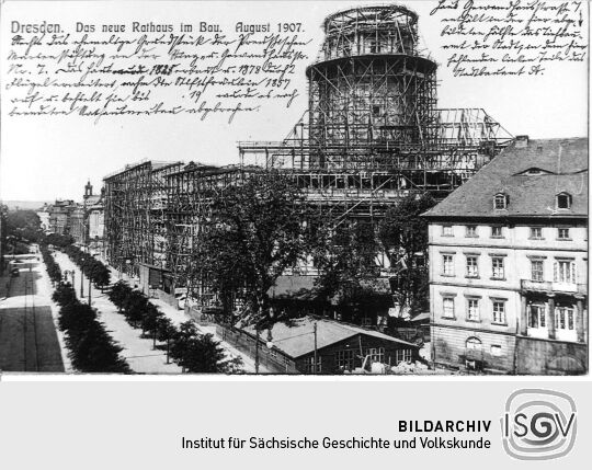 Dresden - Das neue Rathaus im Bau. August 1907.