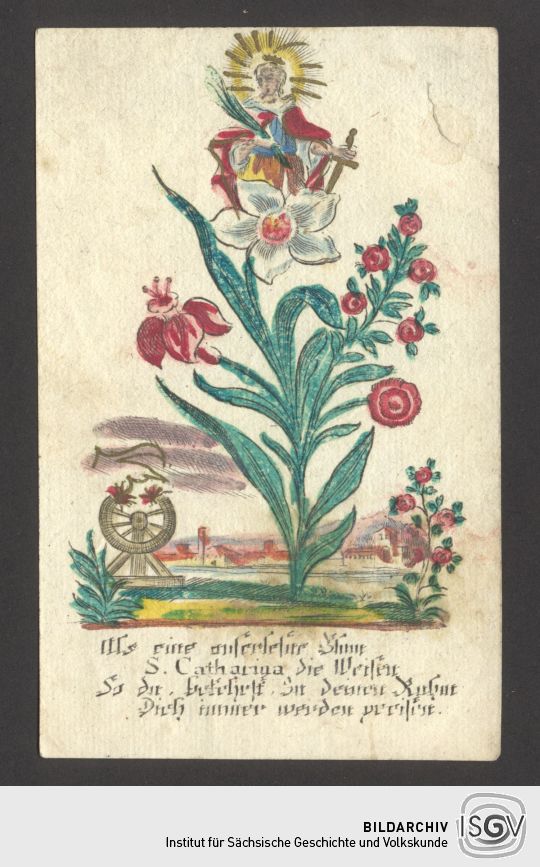 Andachtsbild mit Blumen und Heiligen