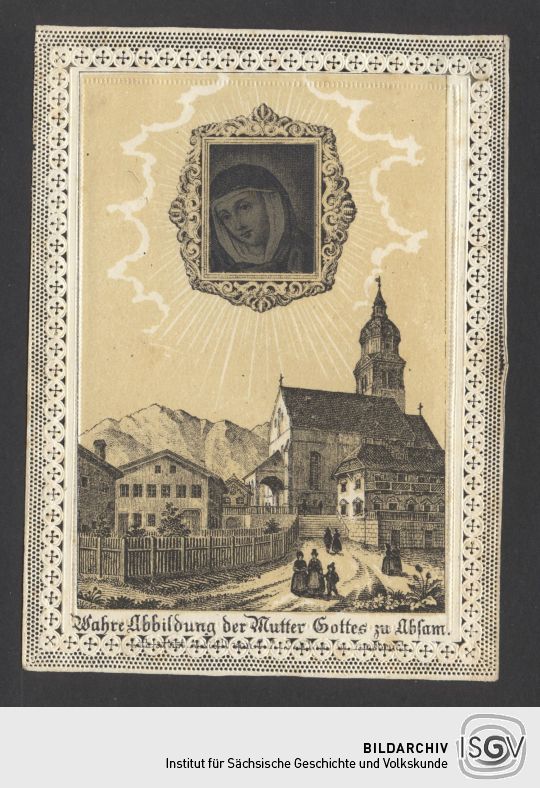 Andachtsbild mit Darstellung des Marienbildes aus der Basilika St. Michael in Absam (Tirol)