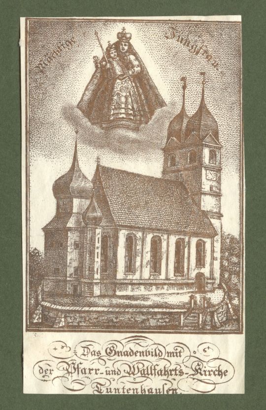 Andachtsbild eines Gnadenbildes mit einer Wallfahrtskirche
