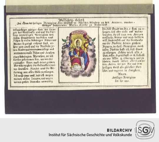 Andachtsbild und Gebet mit Darstellung des heiligen Remigius von Reims
