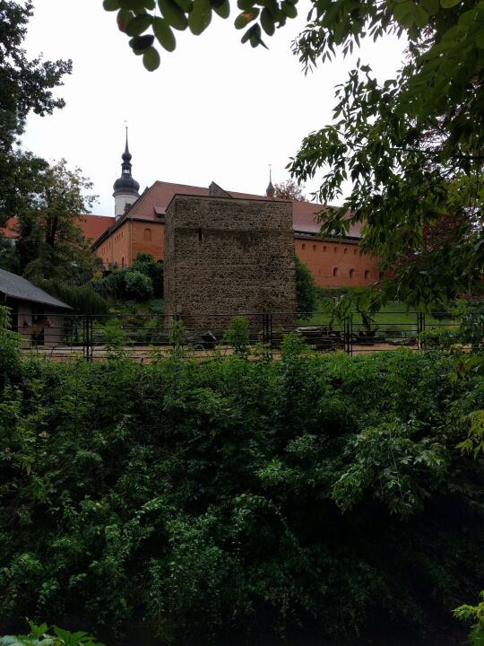 Die Alte Wasserkunst im Klostertierpark Riesa mit Aussichtsplattform .