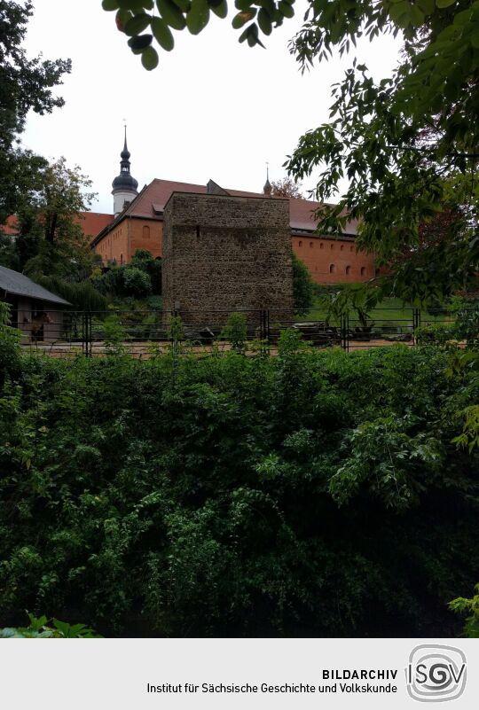 Die Alte Wasserkunst im Klostertierpark Riesa mit Aussichtsplattform .