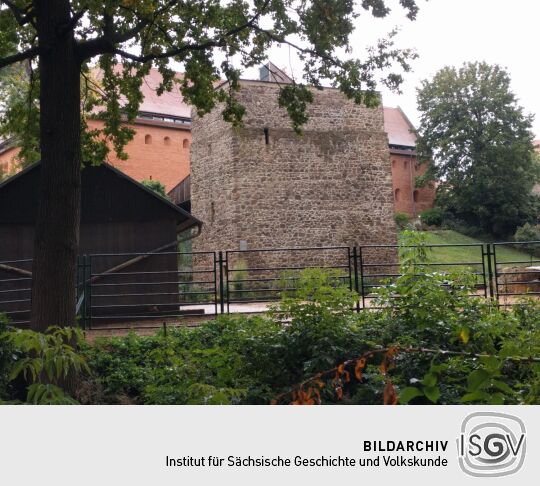 Die Alte Wasserkunst im Klostertierpark Riesa mit Aussichtsplattform .