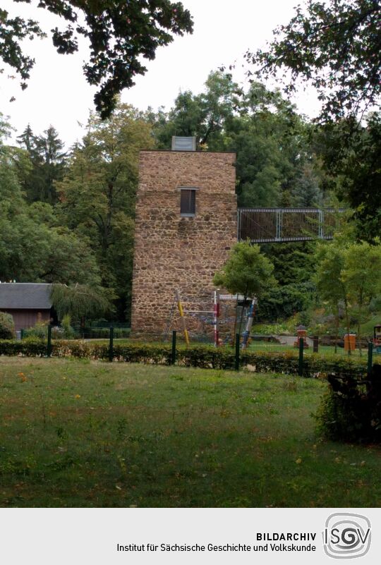 Die Alte Wasserkunst im Klostertierpark Riesa mit Aussichtsplattform .