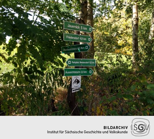 Wegweiser zum Aussichtspunkt Oberlausitzblick am Osthang der Neuberzdorfer Höhe.