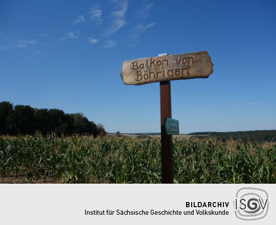 Touristisches Hinweisschild auf eine Aussichtspunkt unterhalb des Aussichtsturms Böhrigen in Striegistal-Etzdorf.