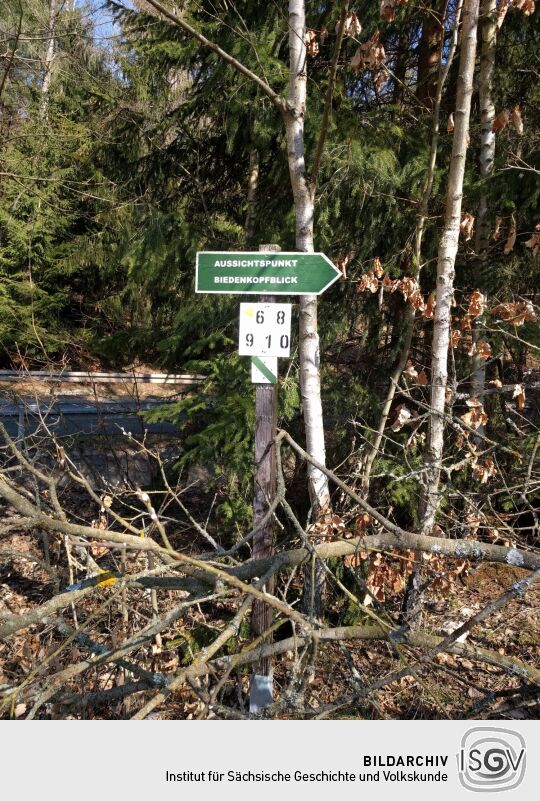 Wegweiser zum Aussichtspunkt Biedenkopfblick am Hammerberg in Aue-Bad Schlema.