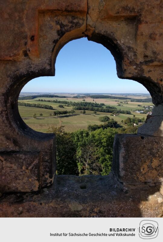 Auf der Aussichtsplattform auf dem Wohnturm Dicker Merten der Burgruine Frauenstein im Erzgebirge.