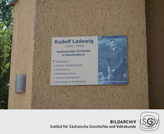 Infotafel am Wasserturm in Reichenbach im Vogtland.