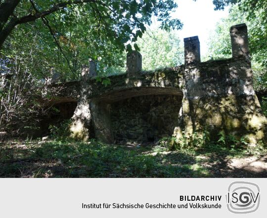 Das ruinöse Fundament des ehemaligen Wettin-Turms auf dem Hasenpöhl bei Oelsnitz/Vogtl.