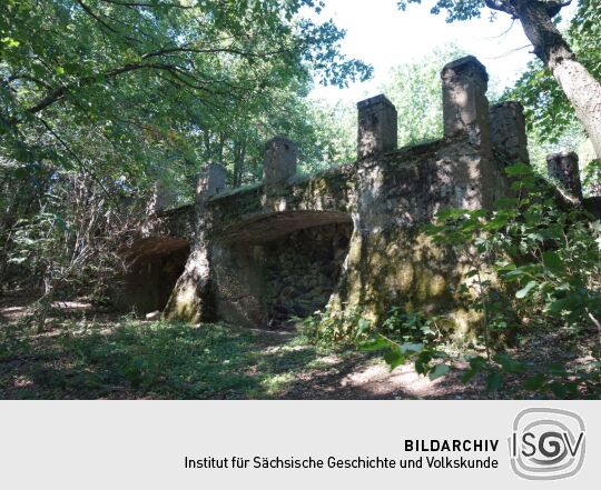 Das ruinöse Fundament des ehemaligen Wettin-Turms auf dem Hasenpöhl bei Oelsnitz/Vogtl.