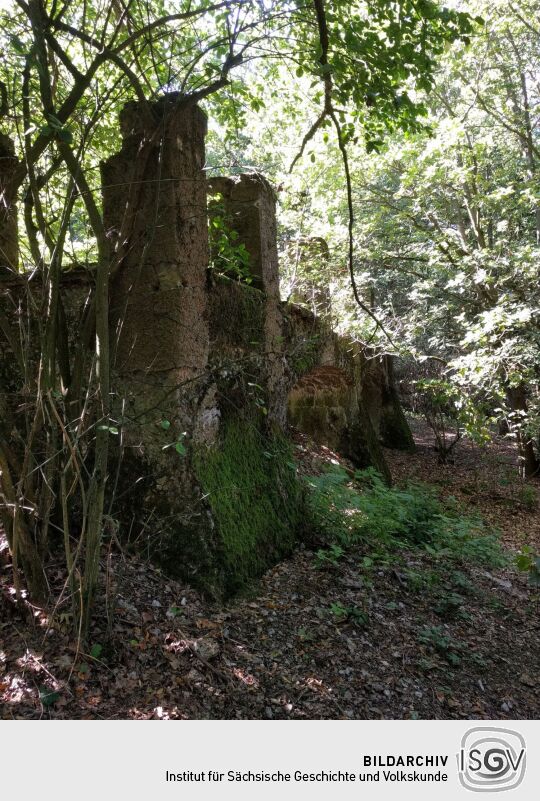 Das ruinöse Fundament des ehemaligen Wettin-Turms auf dem Hasenpöhl bei Oelsnitz/Vogtl.