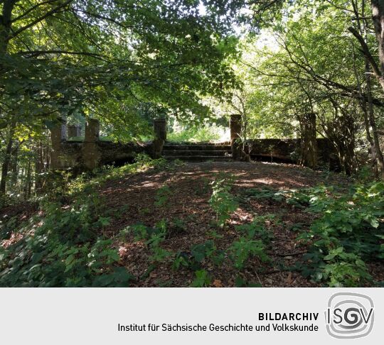 Das ruinöse Fundament des ehemaligen Wettin-Turms auf dem Hasenpöhl bei Oelsnitz/Vogtl.