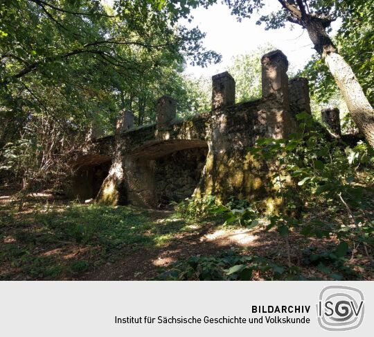 Das ruinöse Fundament des ehemaligen Wettin-Turms auf dem Hasenpöhl bei Oelsnitz/Vogtl.