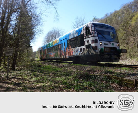 Nahverkehrszug auf der Bahnstrecke im Tal der Weißen Elster bei Pöhl.