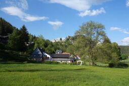 Blick von der Kammstraße zu den Ruinen auf dem Berg Oybin.