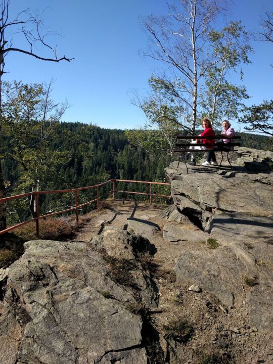Ruhebank auf dem Vogeltoffelfelsen über dem Schwarzwassertal