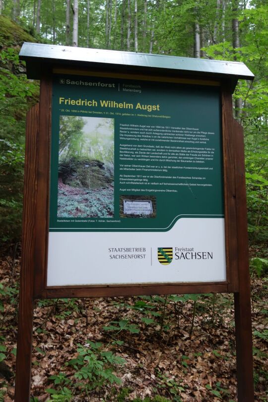 Infotafel vom Sachsenforst über Revierförster Friedrich Wilhelm Augst (1856-1914).