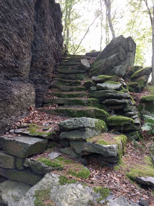 Treppenstufen am Aufstieg zum Aussichtsplateau auf dem Bruchbergfelsen bei Olbernhau.