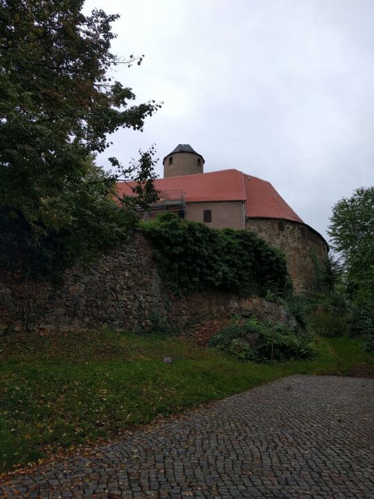 Blick zum Bergfried von Burg Schönfels in Lichtentanne-Schönfels von der Zufahrt aus.