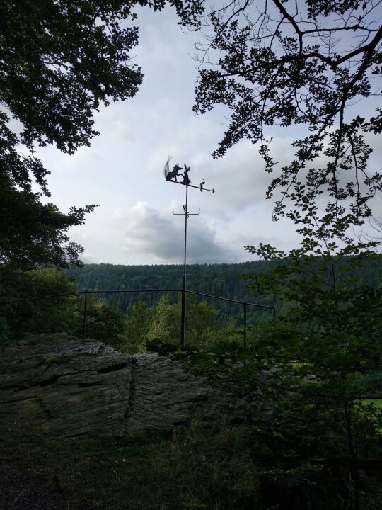 Vereinsfahne mit Fuchs und Hase am Aussichtspunkt Stiftskanzel über dem Schwarzwassertal bei Ansprung.