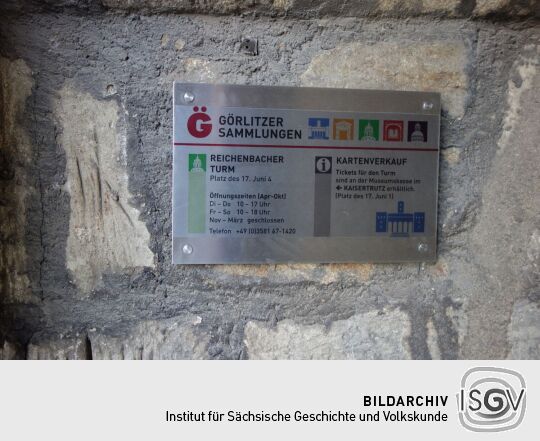 Infotafel am Reichenbacher Turm im heutigen Zentrum von Görlitz.