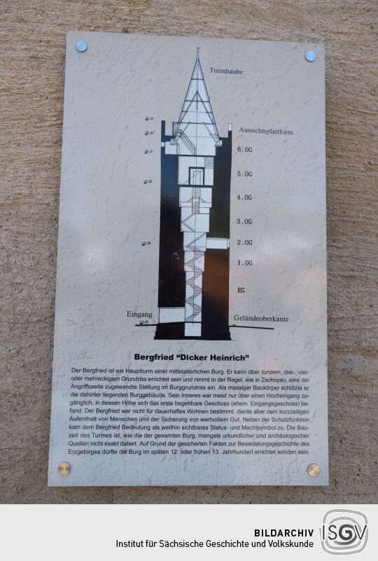 Infotafel am Bergfried Dicker Heinrich auf Schloss Wildeck in Zschopau.