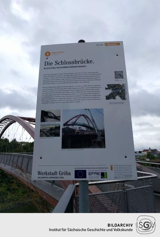 Infotafel zur Schlossbrücke am Elberadweg in Riesa.