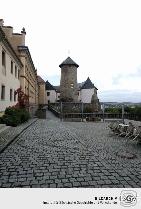 Der Bergfried von Schloß Voigtsberg in Oelsnitz/Vogtl.-Voigtsberg.