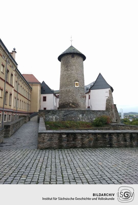 Der Bergfried von Schloß Voigtsberg in Oelsnitz/Vogtl.-Voigtsberg.