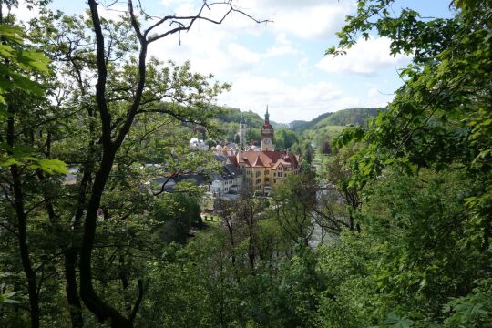 Das Zentrum von Waldheim mit dem Rathaus vom Eichberg aus.