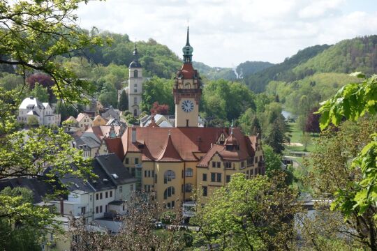 Das Zentrum von Waldheim mit dem Rathaus vom Eichberg aus.